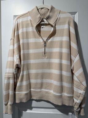 aerie Beige and White Striped Half-Zip Pullover